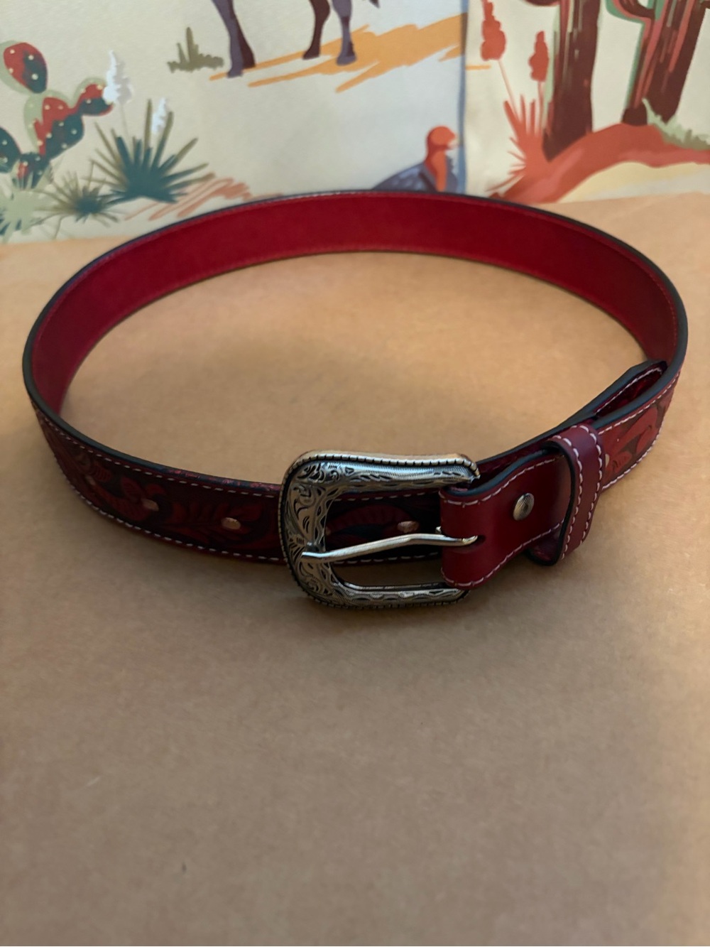 Women's Red Tooled Leather Belt with Decorative Silver Buckle
